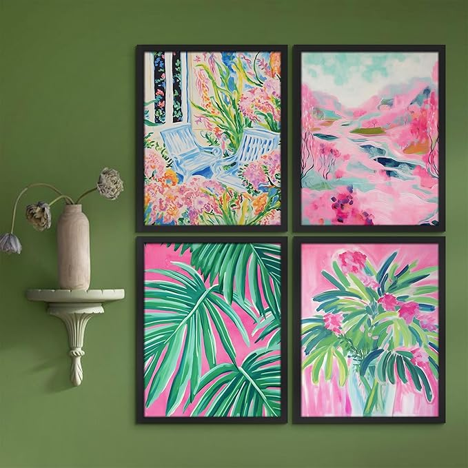SIGNWIN Framed Tropical and Floral Bright Botanical Preppy Room Decor Pink Decor Digital Art Modern Art Decorative Multicolor Scenic for Bedroom - 12"x16"x4 Black