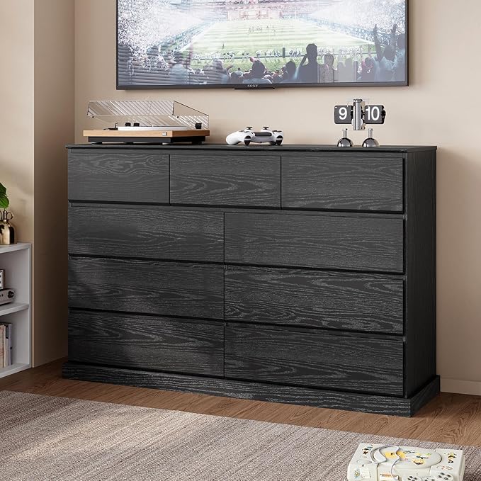 LINSY HOME 9 Drawer Dresser for Bedroom, 53" Wide Chest of Deep Drawers, Modern Farmhouse Wood Dressers with Storage, Large Drawer Organizer for Bedroom, Living Room, Handless Design, Black