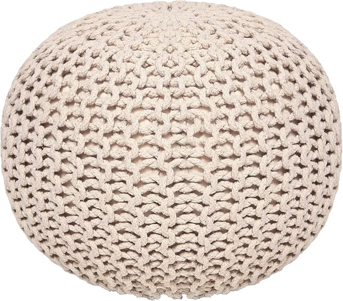 REDEARTH Round Pouf Ottoman - Cable Knitted Boho Poof - Home Décor Cord Pouffe Handmade Circular Footrest for Living Room - Bedroom - Kids Bedroom - 100% Cotton Pouf (19.5"x19.5"x14") - Ivory