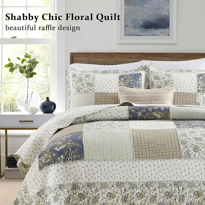 Yvooxny Quilt Set Queen Size Reversible Country Farmhouse Floral Real Patchwork Quilted Bedspread 3-Piece Quilt Set with Pillowcases with Ruffles for All Seasons, 90 x 98 Inches