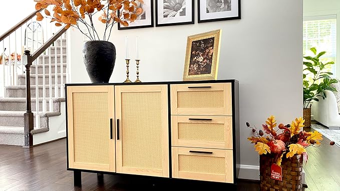 PHI VILLA Black Rattan Cabinet with Doors, Buffet Sideboard Cabinet with Drawers, 2 Door Storage Cabinets