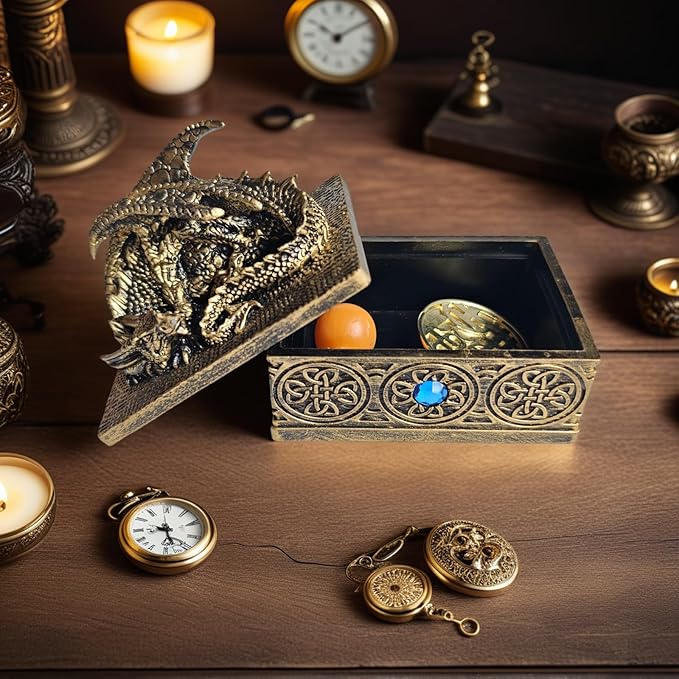 Dragon Statue Jewelry Box - Medieval Fantasy Myth with Cover Treasure Box, Dragon Statue Decoration Collection Gift Box (Antique Bronze)