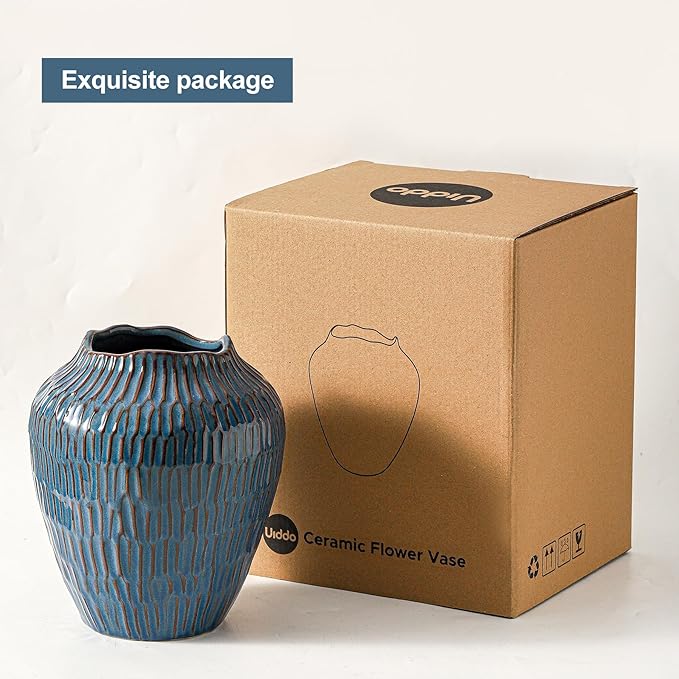 Blue Ceramic Vase for Home Decor,7.8 Inch Flower Vases，Decorative Vase for Pampas Grass，Modern Art Texture Vases for Home Entryway Living Room Dining Table Farmhouse Office Decor- Blue