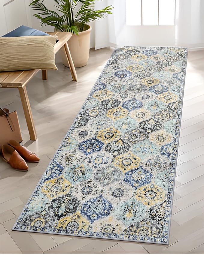 Lahome Moroccan Washable Hallway Runner Rug, 2'5''x8' Ultra-Thin Carpet Runners for Hallways Kitchen, Oriental Vintage Non-Slip Laundry Room Rug for Entryway Bedroom Bathroom, Yellow/Aqua