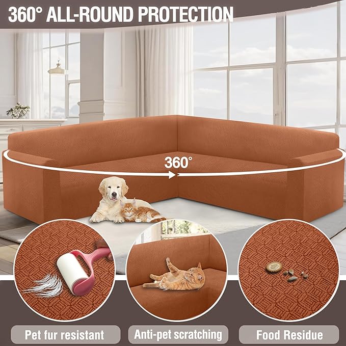 HDCAXKJ Sectional Couch Cover L Shape Stretch Sofa Covers Washable Jacquard Corner Couch Slipcover Non Slip Sectional Slip Cover U Shaped Furniture Protector for Pets Dogs (Rust Red, Small)