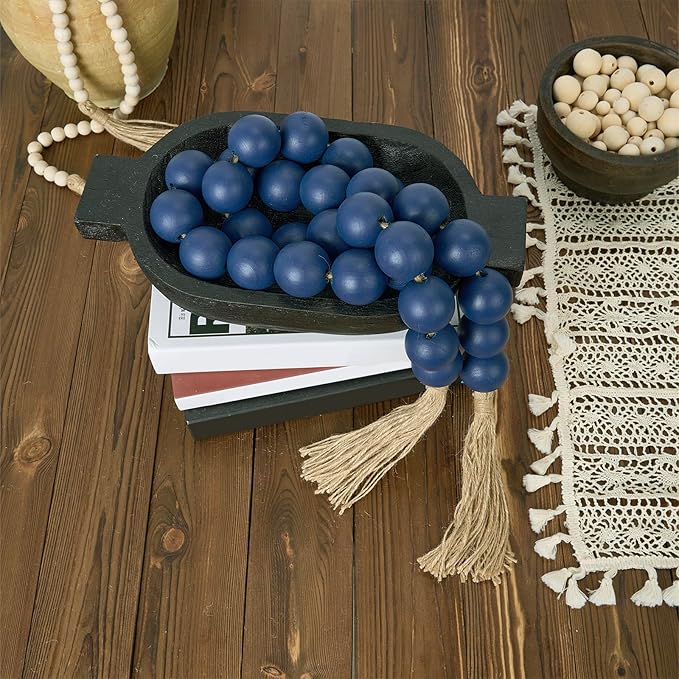 OMISHE 60" Long Extra Large Wood Bead Garland in Navy Blue with 1.6" Diameter Wooden Beads and Tassels, Rustic Farmhouse Country Decorative Beads for Home Decor, Navy Blue