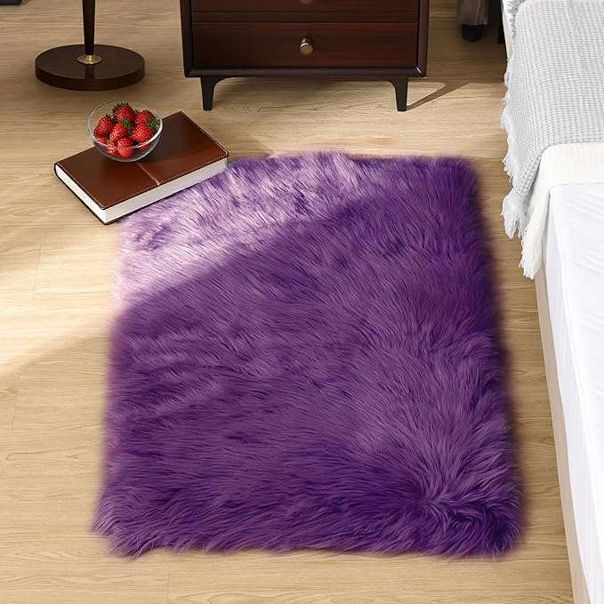 Goolela Purple Fluffy Faux Sheepskin Fur Rug Purple Fuzzy Furry Bedside Rug 2x3 for Bedroom Dorm Small Room Decor Carpet Washable Rectangle