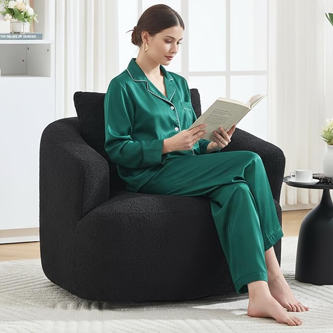 Luxlen Swivel Accent Chair with Pillow for Living Room, Teddy Fleece Upholstered Single Sofa, 360° Rotating Barrel Chair with Metal Base for Bedroom, Office, Apartment - Black