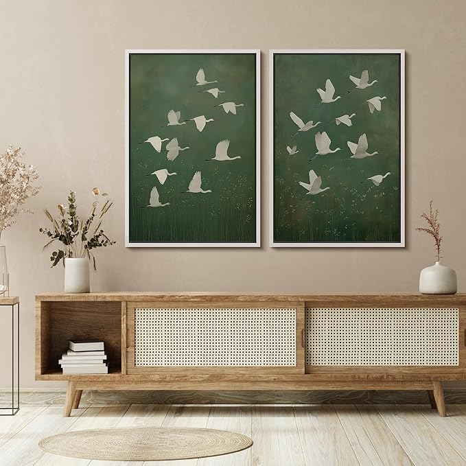 SIGNFORD Framed Canvas Print Wall Art Set Flight of Cranes Elegant Birds in Soft Green Hues Illustration Modern Art Decorative Nordic Nature for Living Room, Bedroom, Office - 16"x24"x2 White
