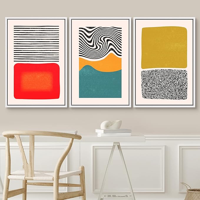 SIGNWIN Framed Canvas Print Wall Art Set Mid-Century Color Blocks & Spirals Abstract Shapes Illustrations Modern Art Contemporary Minimal Ultra for Living Room, Bedroom, Office - 16"x24"x3 White