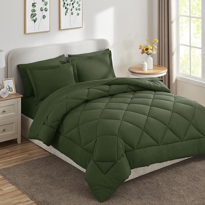 CozyLux Full Size Comforter Sets Olive Green - 7 Pieces Bed in a Bag Full, Luxury Soft Bed Set for All Seasons, Bedding Set with Down Alternative Comforter, Sheets, Pillowcases & Shams