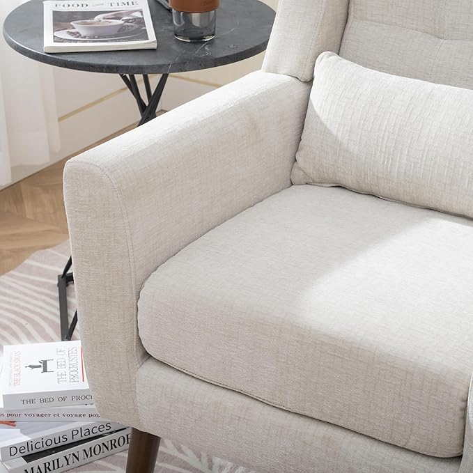 Accent Chair, Comfy Upholstered Living Room Chairs with High Tufted Backrest and Pillow, Wingback Reading Chair with Solid Wood Legs for Bedroom/Office, Chenille Fabric, Beige