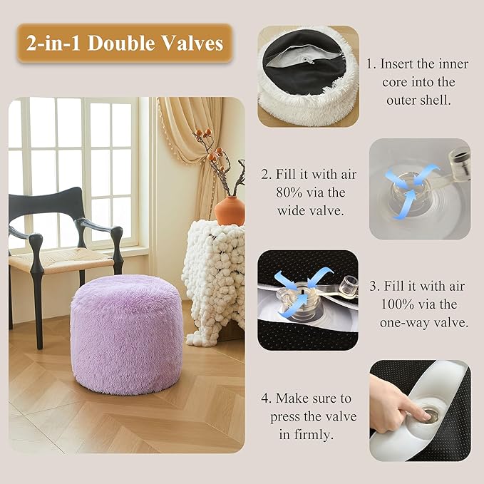 XeGe Fluffy Faux Fur Inflatable Pouf Ottoman, Soft Fuzzy Foot Stool Light Purple, Furry Footrest Floor Pouf Anti-Slip Kid Girls Adult, Foldable Round Ottoman Cushion Living Room Bedroom, Lavender