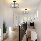 Modern Crystal Pendant Light Fixture Farmhouse Round Semi Flush Mount Ceiling Lights, Drum Shade 3LT Ceiling Lamp for Kitchen Island Dinning Room Bedroom, Hallway Black Finish