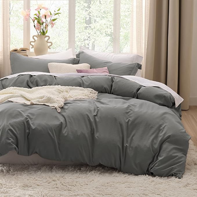 Bedsure Dark Grey Oversized Queen Duvet Cover - 3 Pieces Prewashed Cotton-Like Extra Soft Bedding Set, Includes 1 Duvet Cover 98x98 Inches with Zipper Closure & 2 Pillow Shams, Comforter Not Included