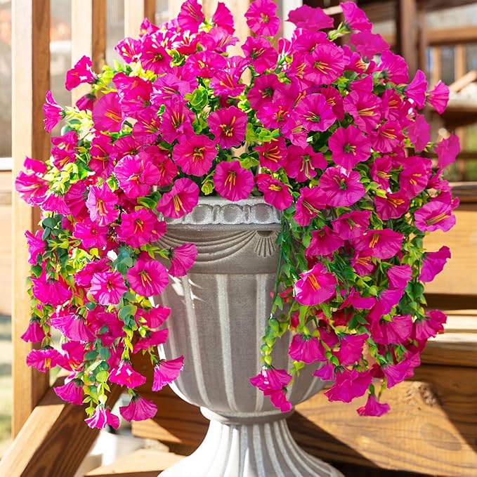 Ivydale 2 PCS Artificial Hanging Flowers Fake Plants Outdoor,Silk Morning Glory Faux Flowers with Eucalyptus Leaves,UV Resistant Realistic Hanging Petunias Plants for Home Garden Decor (Fuchsia)
