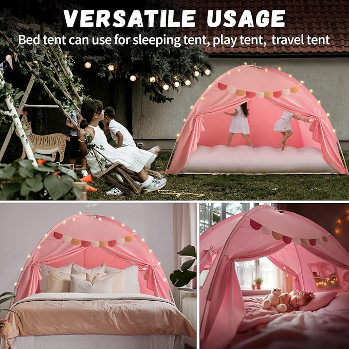 Razee Twin Bed Tent for Kids, Twin Size Bed Tents Indoor Canopy Privacy on Bunk Sleep Inside Drafty Room for Girls, Pink