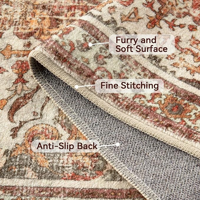 Topllen Washable Area Rug - Area Rug 6'x9' Boho Soft Living Room Rug, Non-Slip Large Area Rugs Indoor for Dining Room Livingroom Bedroom, Vintage Rug (Khaki, 6x9ft)