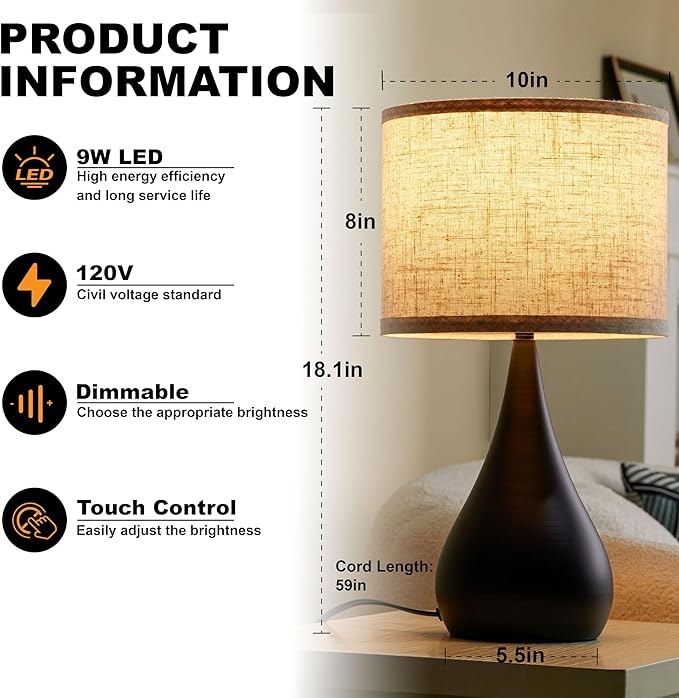 18.1'' Modern Touch Lamps for Nightstand Set of 2 with 3 Way Dimmable, Table Lamps for Living Room, Office, Bedside Lamps with Heavy Iron Base, Touch Switch, Bulb Included, Black