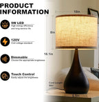 18.1'' Modern Touch Lamps for Nightstand Set of 2 with 3 Way Dimmable, Table Lamps for Living Room, Office, Bedside Lamps with Heavy Iron Base, Touch Switch, Bulb Included, Black