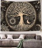 FORATER Tree of Life Tapestry Wall Hanging Sun Moon Stars Tapestries Aesthetic Galaxy Wall Tapestry Nature Home Decoration for Living Room Bedroom(61 x 82 Inch, Black and Gold)