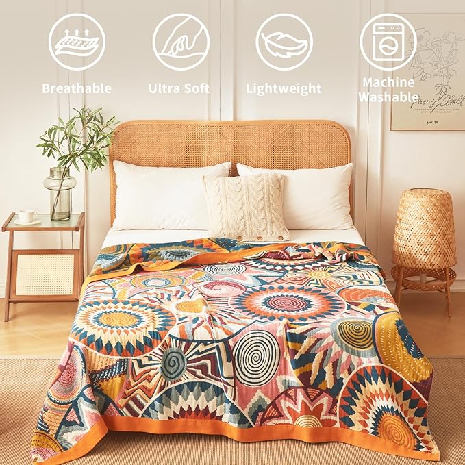 Vintage Throw Blanket Pure Cotton Soft Cozy Breathable Blanket for Couch Reversible Floral Printed Outdoor Throw Blanket Home Decor (60"x80",03-Colorful Art)