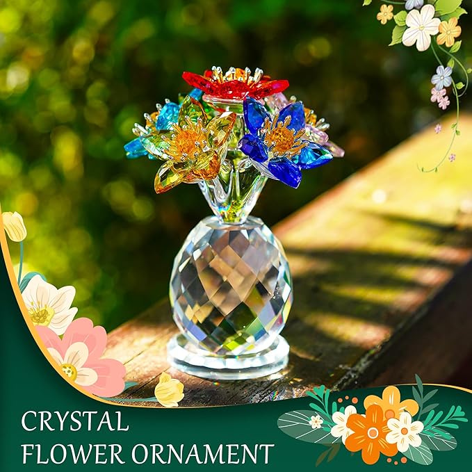 Colorful Crystal Flower Figurine with Base Multicolor Floral Home Decor Christmas Tabletop Centerpiece
