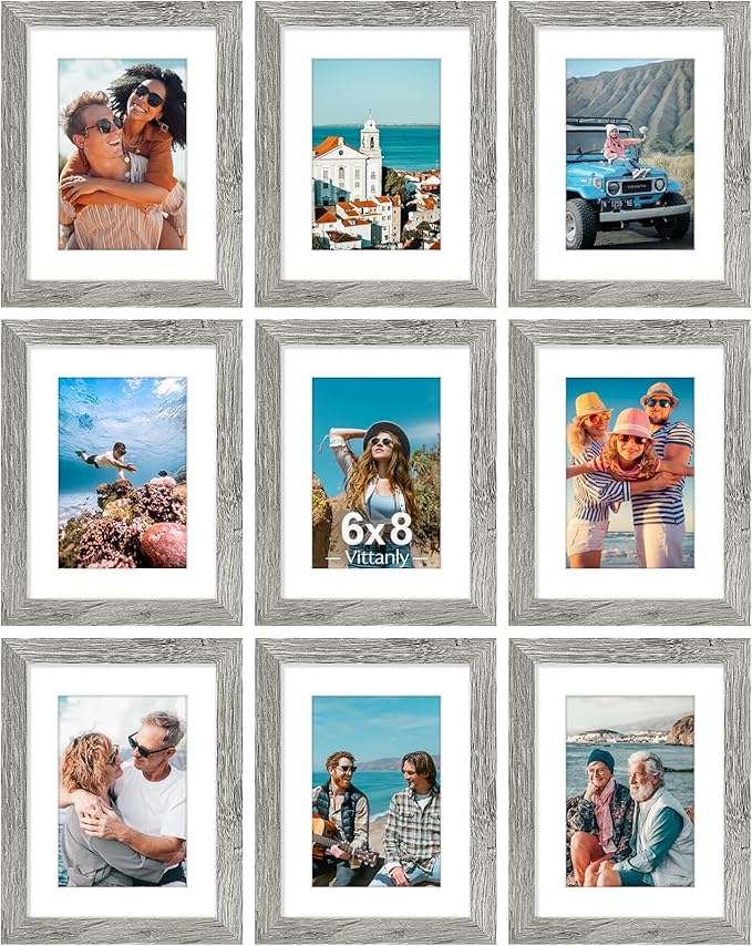 Vittanly 6x8 Picture Frames Set of 9, Shatter Resistant Plexiglass, Display 4x6 Pictures with Mat or 6x8 without Mat, Photo Frames for Wall or Tabletop, Engineered Wood, Grey