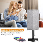 Bedside Table Lamps Set of 2 - Gray Bedroom Lamps with 3 Color Temperatures (3000K/5000K/4000K), Square Nightstand Light with USB C + A Charging Ports, Pull Chain Small Night Light