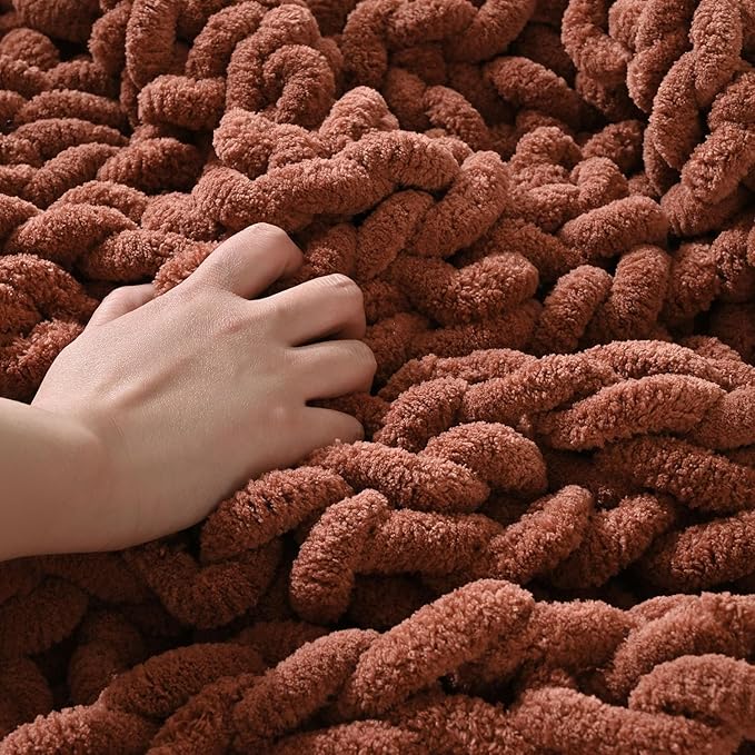 Esterra Chunky Knit Blanket Throw, 100% Handmade Chenille Throw Blanket 50"x60", Soft Thick Yarn Cable Knit Crochet Throw Blanket Rope Knot Throw for Couch Bed Sofa, Copper Brown