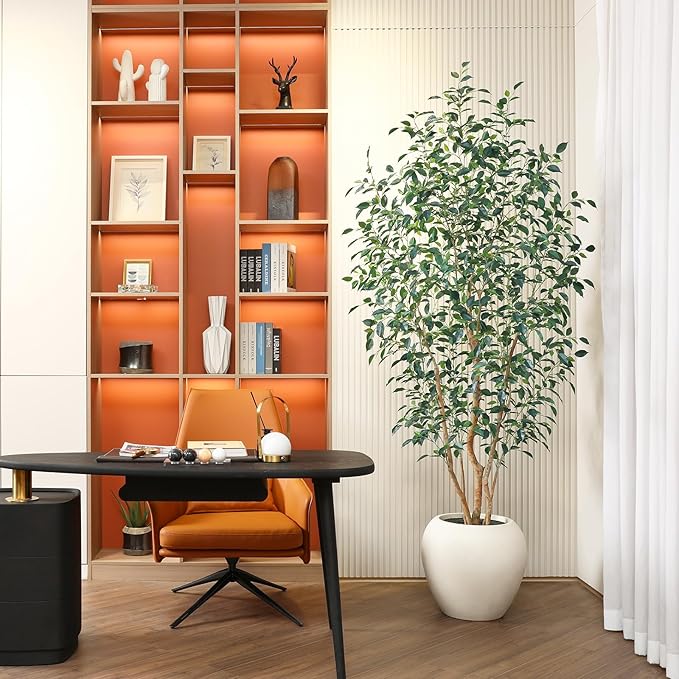 8FT Artificial Ficus Tree, Indoor Faux Ficus Plant with Realistic Leaves & Natural Wood Trunk, 8ft Tall, Green, All Seasons, Perfect for Living Room Home Decor