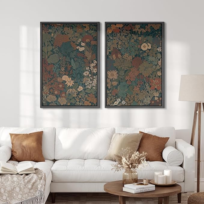 SIGNFORD Framed Canvas Print Wall Art Set Vintage Botanical Floral Dark Green and Rust Toned Illustration Modern Art Decorative Nordic Nature for Living Room, Bedroom, Office - 24"x36"x2 Black