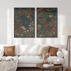 SIGNFORD Framed Canvas Print Wall Art Set Vintage Botanical Floral Dark Green and Rust Toned Illustration Modern Art Decorative Nordic Nature for Living Room, Bedroom, Office - 24"x36"x2 Black