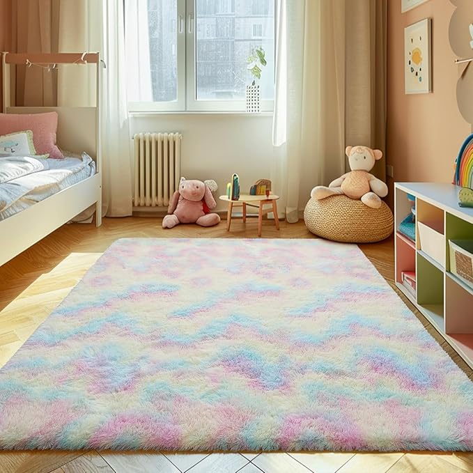 Shag Area Rug for Bedroom 3x5,Fluffy Area Rugs for Living Room,Soft Fuzzy Rug Non-Shedding Indoor Plush Carpet for Kids Bedroom Nursery Dorm Home Decor,Rainbow Purple