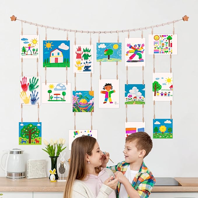 KOLLIEE Kids Artwork Display Art Wall Decor 4.93ft Boho Wooden Beaded Garland Collage Holder with Hanging Rings Wooden Stars Hook 40 Wood Clips for Kids Artwork Photo Room Bedroom Decor