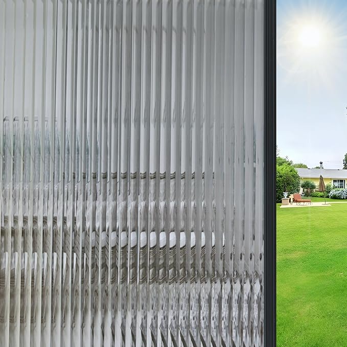 Window Privacy Film, Frosted Reeded Glass Cling, 3D Decorative Coverings with UV Blocking, Adhesive Stickers for Bathroom Doors Cabinet