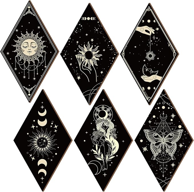 Sintuff 6 Pieces Halloween Gothic Wall Decor Boho Sun Moon Phases Wall Art Gothic Minimalist Stars Sun Hanging Wooden Home Decor Farmhouse Pediments for Gallery Living Bedroom Room(Boho)