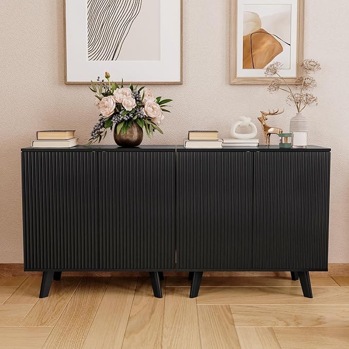 Modern Sideboard Buffet Cabinet Console Table, Accent Storage Cabinets Credenza Buffer Cabinet with 4 Fluted Doors for Kitchen Dining Living Room Entryway(Black)