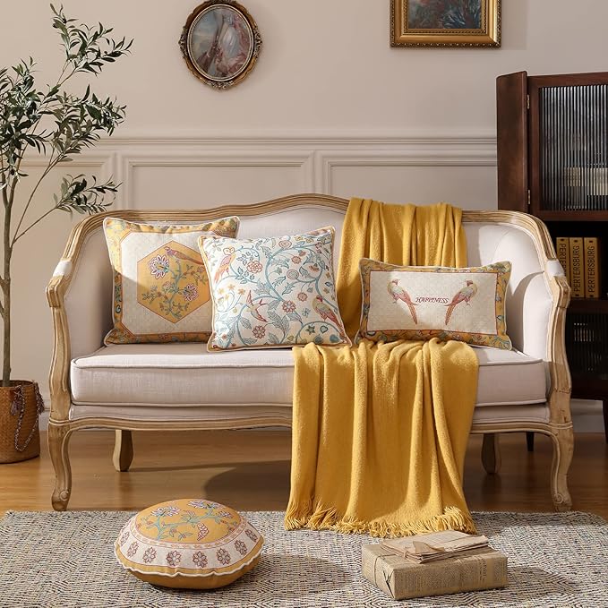 patdrea Design Yellow Linen Throw Pillow Covers Pack of 4, French Square Lumbar Round Pillowcase, Soft Durable Cushion Cases Pillowcase for Couch Bedroom Car Living Room 4 PCS