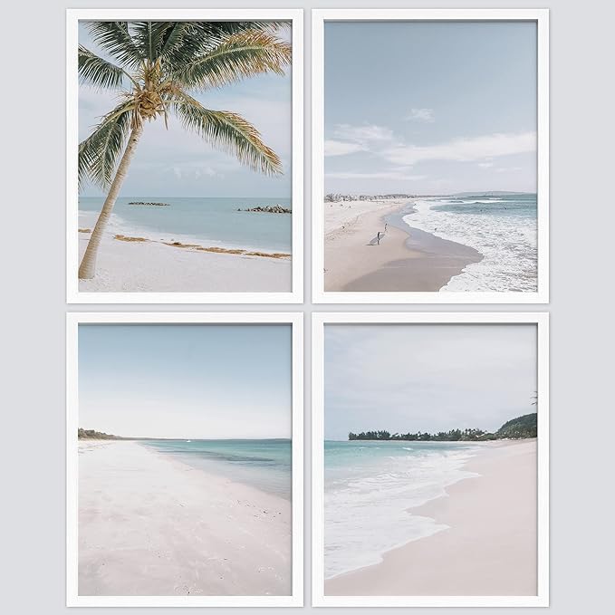 SIGNWIN Framed White Beach Shore Tropical Palm Tree Island Wall Art, Set of 4 Landscape Colorful Wall Decor Prints, Nature Wilderness Wall Décor for Living Room, Bedroom - 11"x14" White