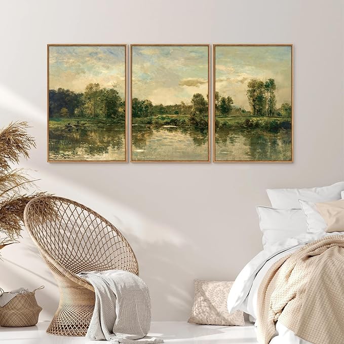 Tinonedraw Vintage Landscape Framed Canvas Wall Art Set of 3, French Country Art Prints, Nature Green Trees and Lake Art Paintings, Rustic Aesthetic Wall Decor for Living Room Bedroom Office 16"x24"x3