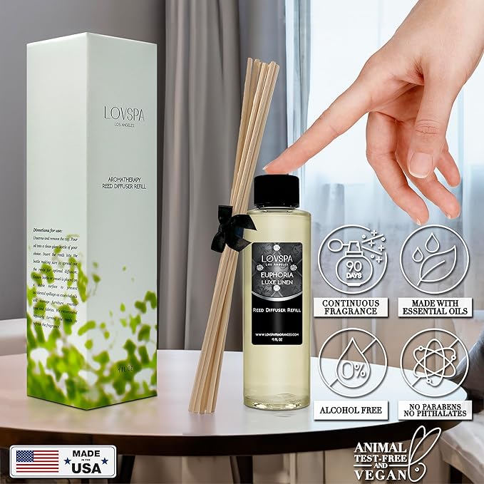 LOVSPA Euphoria Luxe Linen Diffuser Oil - Luxury Essential Oils for Diffuser Refill & Air Freshener Room Spray - Long-Lasting & Natural Home Fragrance, Scented Oil for Diffusers, USA Made, 4oz