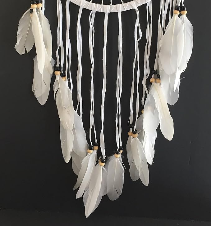 OMA Dream Catcher, Tree of Life Design with Feathers and Beads, White Suede Authentic Traditional Dream Catcher Boho Home Decor Bedroom Decoration Gift - Large Size - 36" Long x 11" Diameter (Black)