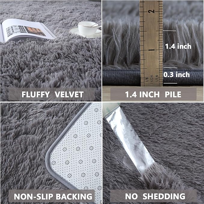 Gray Shag Area Rugs 8x10 - Large Grey Plush Rug for Living Room Bedroom - Modern Soft Fuzzy Gray Indoor Floor Carpet for Boys Kids Playroom(Sliver Dark Grey)