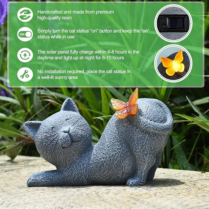 Cute Solar Cat Garden Statue with Lighted Butterfly, Outdoor Waterproof Resin Cat Figurine for Yard Lawn Patio Porch, Solar Powered Garden Decor and Gift for Cats Lovers