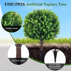 Artificial Topiary Tree with Eucalyptus, Set of 2 UV Resistant 17in Miniature Trees, Outdoor for Porch, Fake Bonsai Topiaries, Greenery Balls, Faux Shrubs for Planters, Curb Appeal Decor