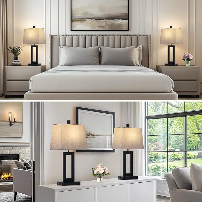 Touch Control Table Lamp Set of 2, Modern Black Bedside Lamps with USB C+A Ports & AC Outlet, 3 Way Dimmable Bedroom Lamps for Night Stands Bedroom Living Room,Nightstand Lamp