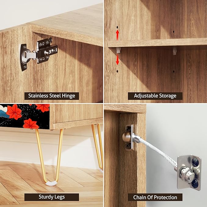 SIGNWIN Sideboard Buffet Cabinet, Kitchen Storage Cabinet with 2 Doors, Chinese Exotic Crane Bird, Cupboard Console Table for Dining Room - 35" L x 18" W x 29" H