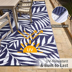 OLANLY Waterproof Outdoor Rug 8x10 ft, Reversible Outdoor Plastic Straw Rug with Leaf Pattern, RV Mat, Indoor Outdoor Carpet for Patio, Camping, Balcony, Deck, Backyard, Navy & White