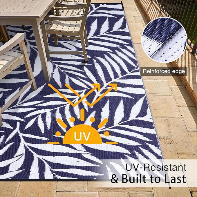 OLANLY Waterproof Outdoor Rug 6x9 ft, Reversible Outdoor Plastic Straw Rug with Leaf Pattern, RV Mat, Indoor Outdoor Carpet for Patio, Camping, Balcony, Deck, Backyard, Navy & White